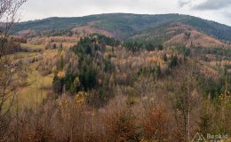 Wierch Wisełka (w środku) i Barania Góra (z prawej), ze szlaku rowerowego wokół Czerwieńskiej Grapy
